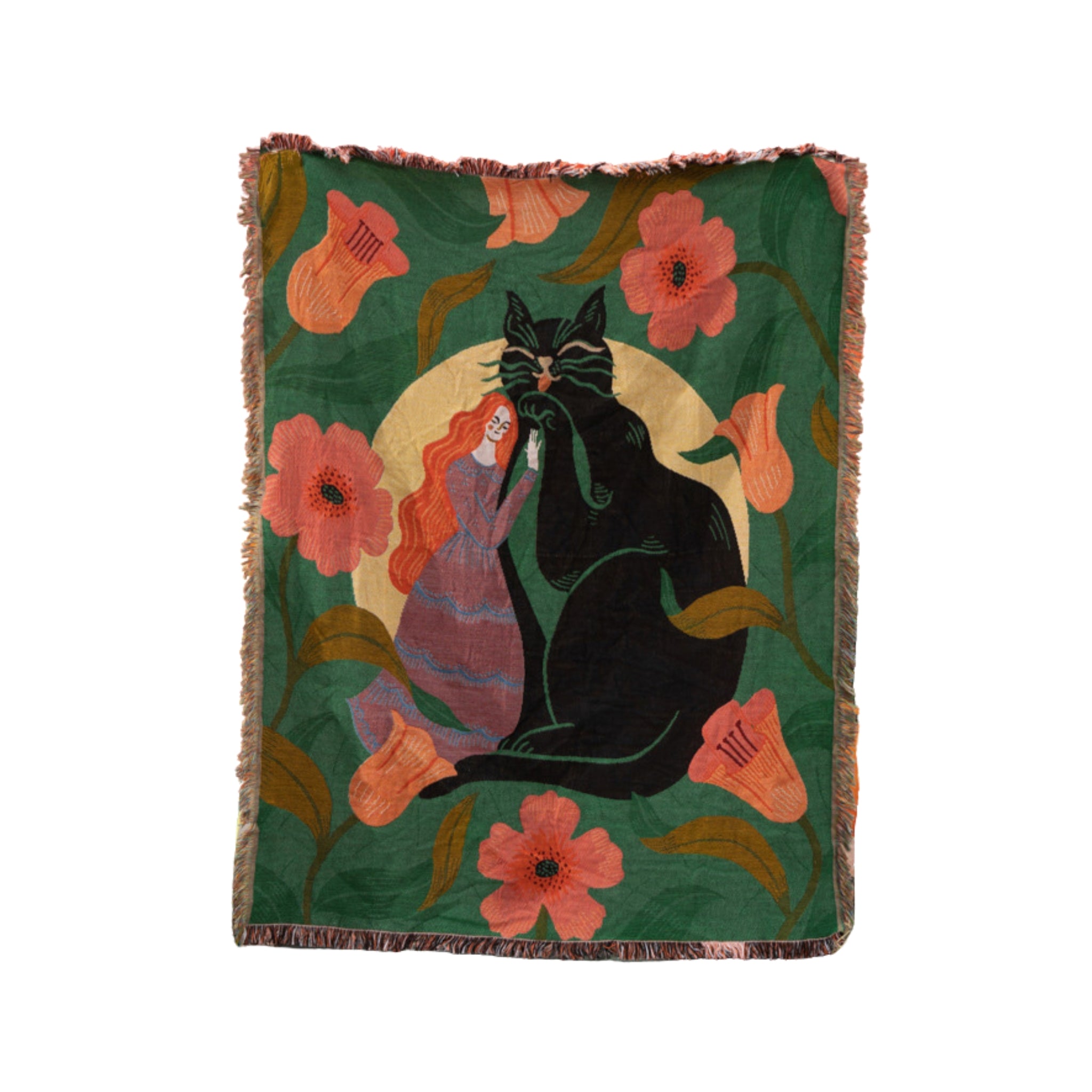 cat embrace woven tapestry