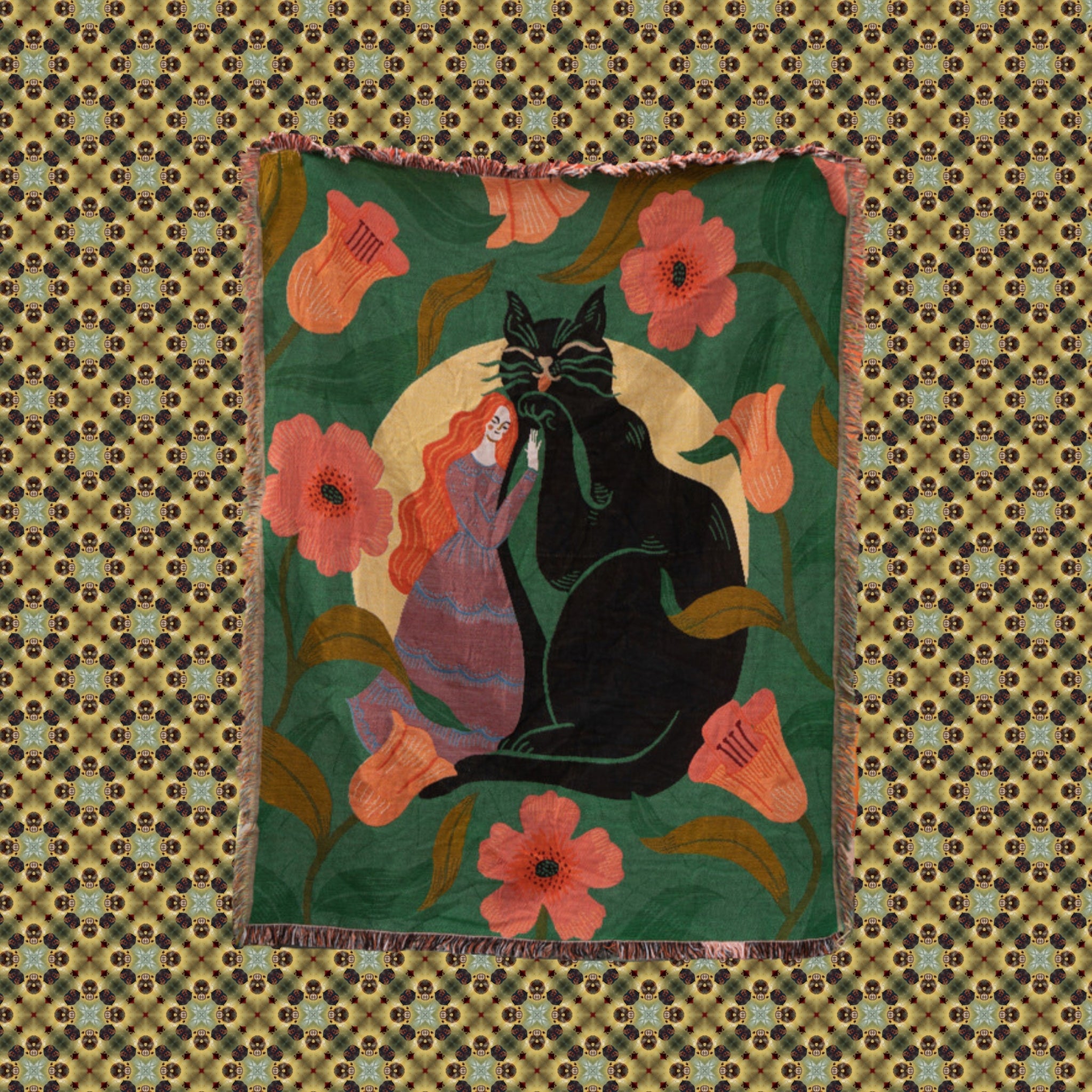 cat embrace woven tapestry