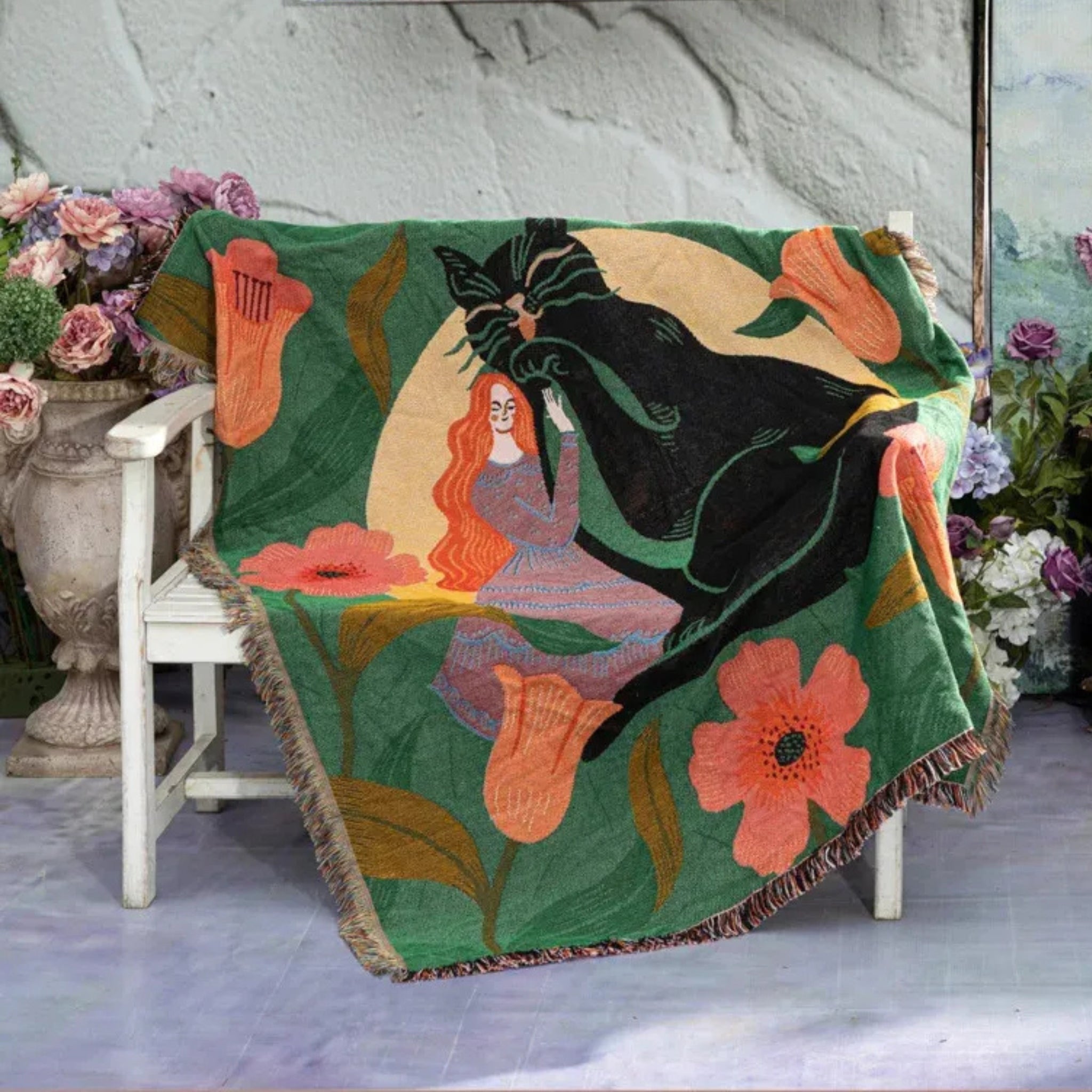 cat embrace woven tapestry
