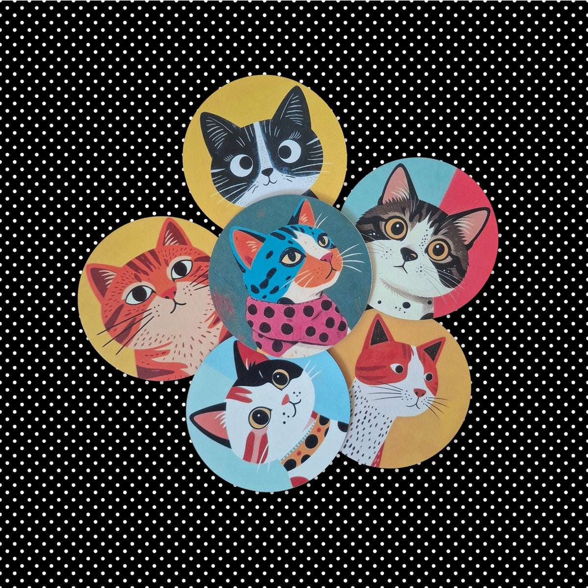 the retro cats wooden coasters (set of 6)