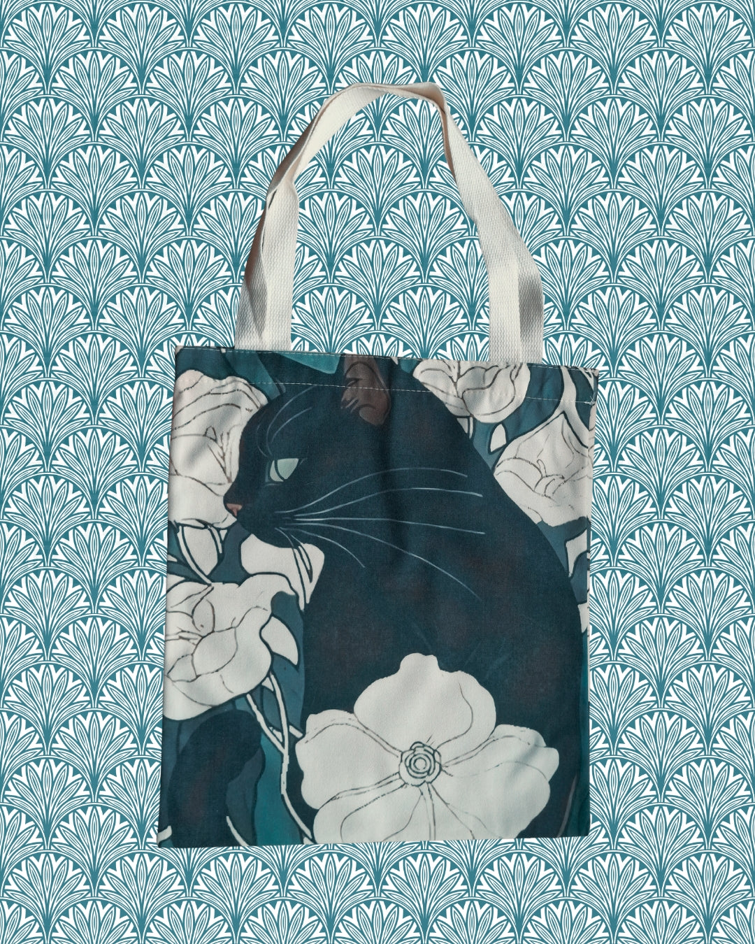 moody cat floral tote bag